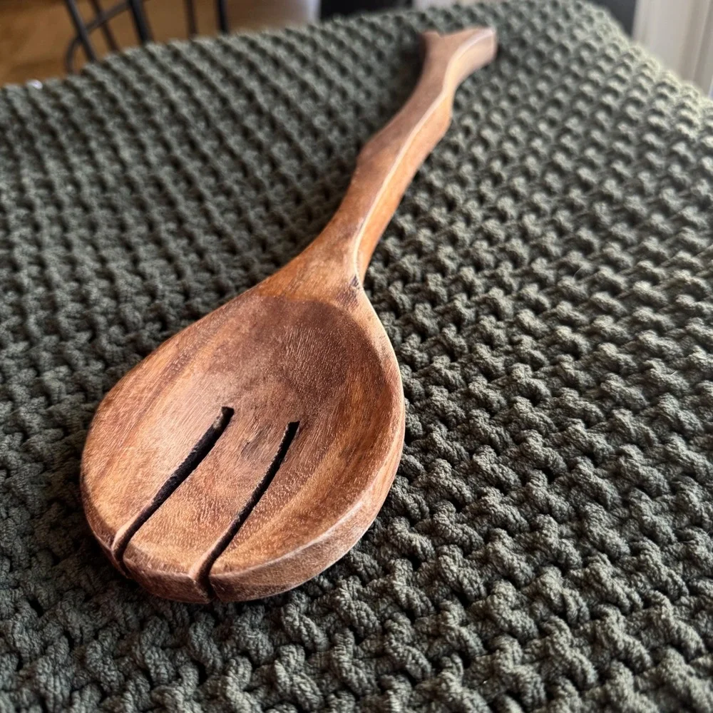 Hand Carved Wooden Serving Spoon Slotted 11 Inch Rustic Branch Organic‎ Earthy